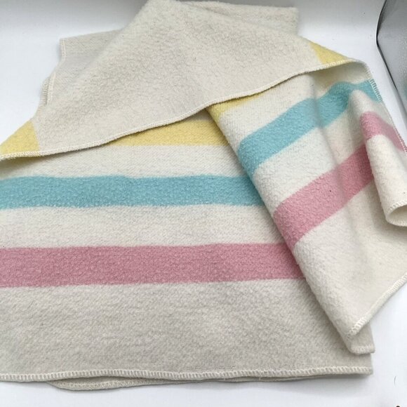 Vintage Esmond Baby Blanket 100% Acrylic Pink Blue Yellow Stripes 28” X 37” READ - Picture 2 of 6